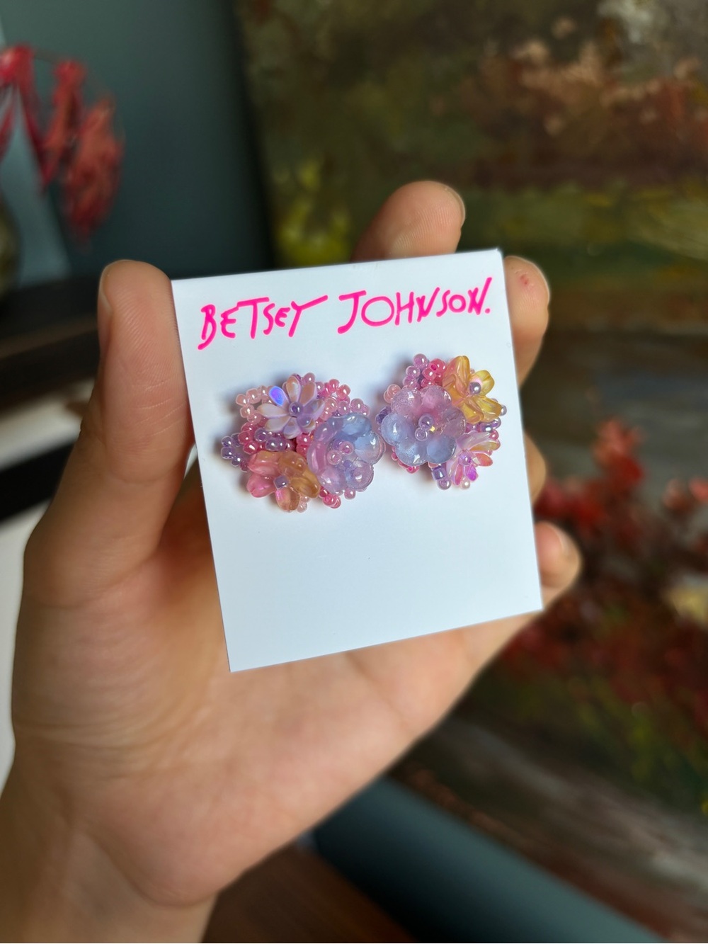 Betsey Johnson Pastel Floral Cluster Earrings - Pink & Blue - Picture 3 of 8